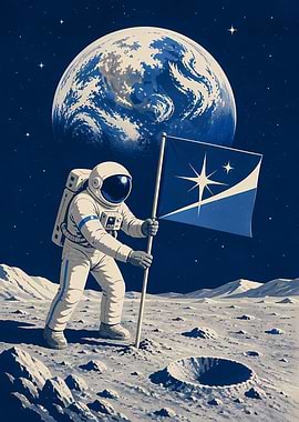 Astronaut plants flag on the moon
