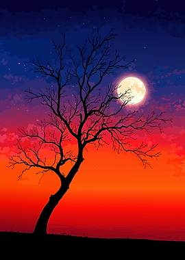 Silhouette Tree Under Full Moon