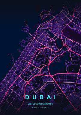 Dubai City Map Neon Art