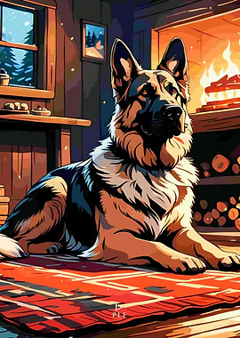 German Shepherd by Fireplace