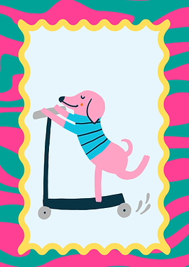 Pink Dog Riding a Scooter