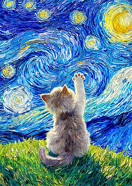 Kitten Reaching for Starry Night Sky