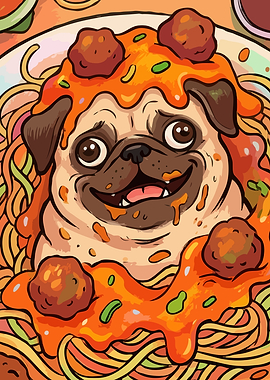 Spaghetti Pug - Funny Meatball Pasta Dog