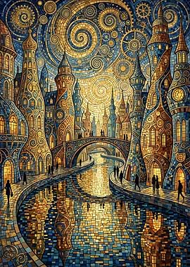Steampunk Cityscape with Canal