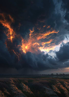 Fiery Storm Clouds Over a Field
