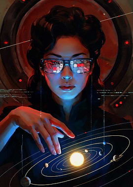 Woman controlling a solar system model