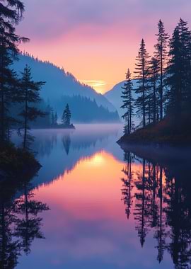 Misty Mountain Lake Sunrise Reflection