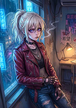 Cyberpunk Girl Smoking in Neon City
