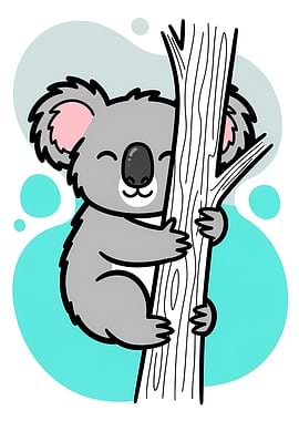 Cute Koala Hugging Tree Cartoon Illustration, Adorable Grey Koala Character Art.