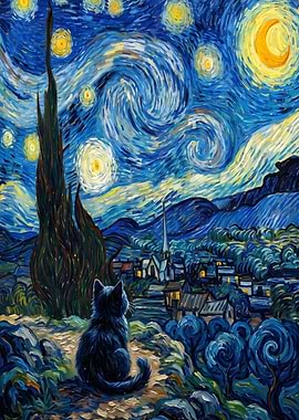 Black Cat in Starry Night