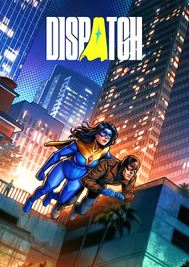 Superheroes flying over a city at night