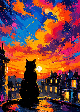 Black Cat on Rooftop at Sunset