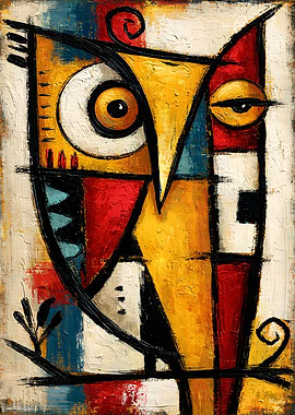 Primitive Cubist Owl Bold Abstract Wall Art