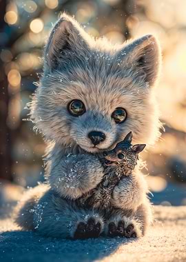Small Fluffy Wolf Holding Toy