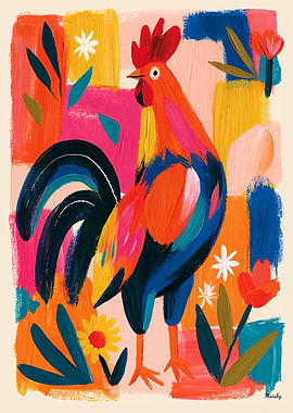 Vivid Fauvist Rooster Colorful Folk Wall Art