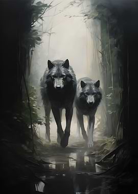 Wolves walking in a misty forest