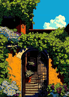 Vibrant Italian Courtyard with Flowers