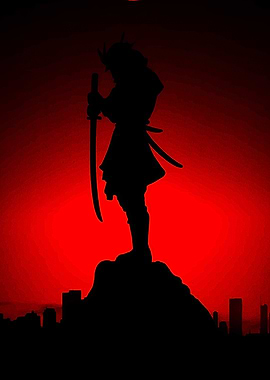Samurai Silhouette Against Red Sky