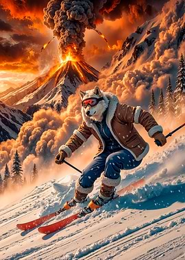 Wolf skier in front of volcano
