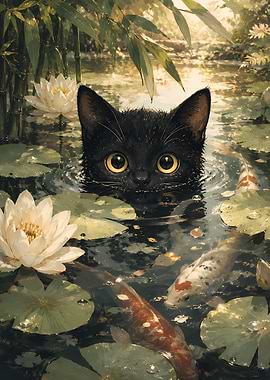 Black kitten in a koi pond