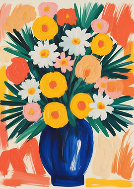 Vibrant Floral Arrangement in Blue Vase