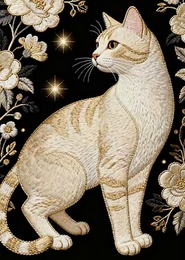 Embroidered Cat with Flowers