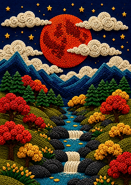 Knitted Landscape with Red Moon