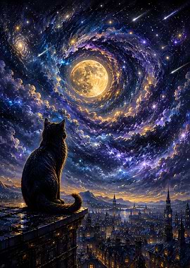 Black Cat Gazing at Cosmic Night Sky