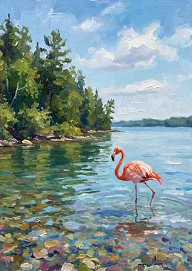 Flamingo Wades in Shallow Water