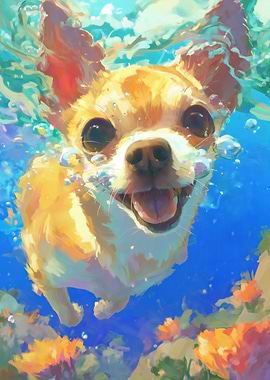 Happy Chihuahua Swimming Underwater