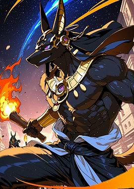 Anubis with Torch in City