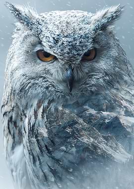 Snowy Owl with Mountain Landscape Overlay