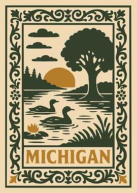 Michigan Landscape with Ducks and Tree