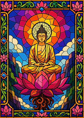 Buddha Meditating on Lotus Flower Stained Glass