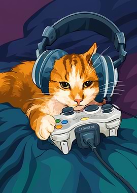 Gamer Cat with Headphones and Controller