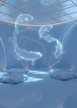 Ethereal Koi Fish in a Serene Blue Room
