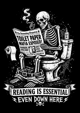 Skeleton reading toilet paper news