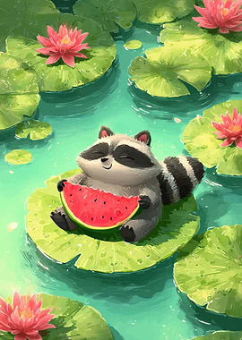 Cute Raccoon Eating Watermelon on Lily Pad