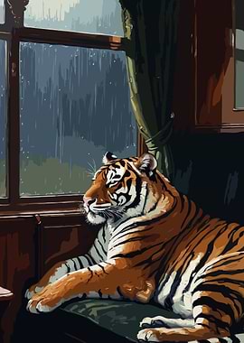Tiger looking out a rainy window