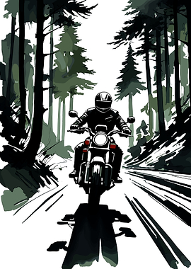 Motorcyclist riding through a forest