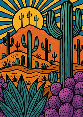 Desert Cactus Poster, Boho Sunset Wall Art, Vibrant Southwest Landscape Print