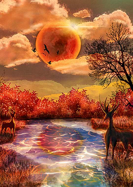 Enchanted Forest Scene with Deer and Eclipse