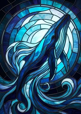 Stained Glass Whale in Ocean Waves