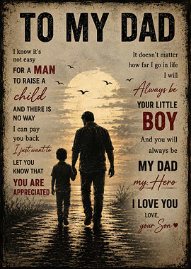 Father and Son Walking Towards Sunset