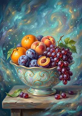 Still Life Fruit Bowl with Cosmic Background
