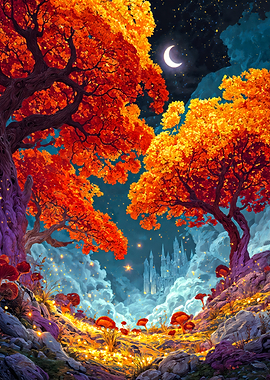 Vibrant Autumn Forest Fantasy Castle