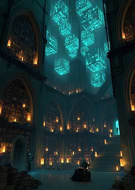 Futuristic Library with Floating Cubes