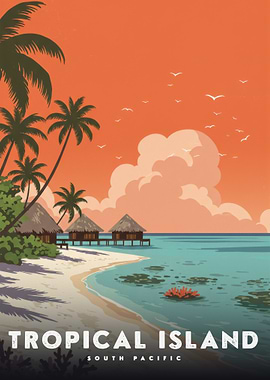 Tropical Island Sunset with Overwater Bungalows