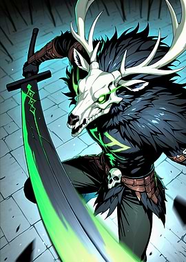 Fantasy Warrior with Antlers and Glowing Sword