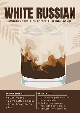 White Russian Cocktail Poster – Minimalist Coffee & Vodka Art in Retro Style